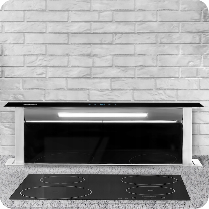 Hota de bucatarie retractabila 90cm, Berdsen, inox/sticla, 9 viteze, 500m3/h