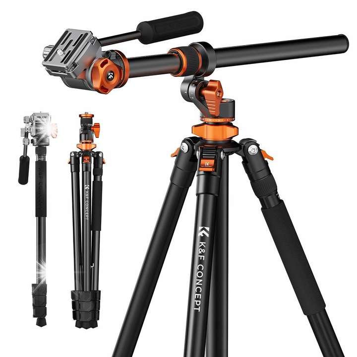 Stativ video K&F Concept T254A7 cu cap FH-03, 2 in 1, 231 cm, aluminiu, set cu geanta de transport