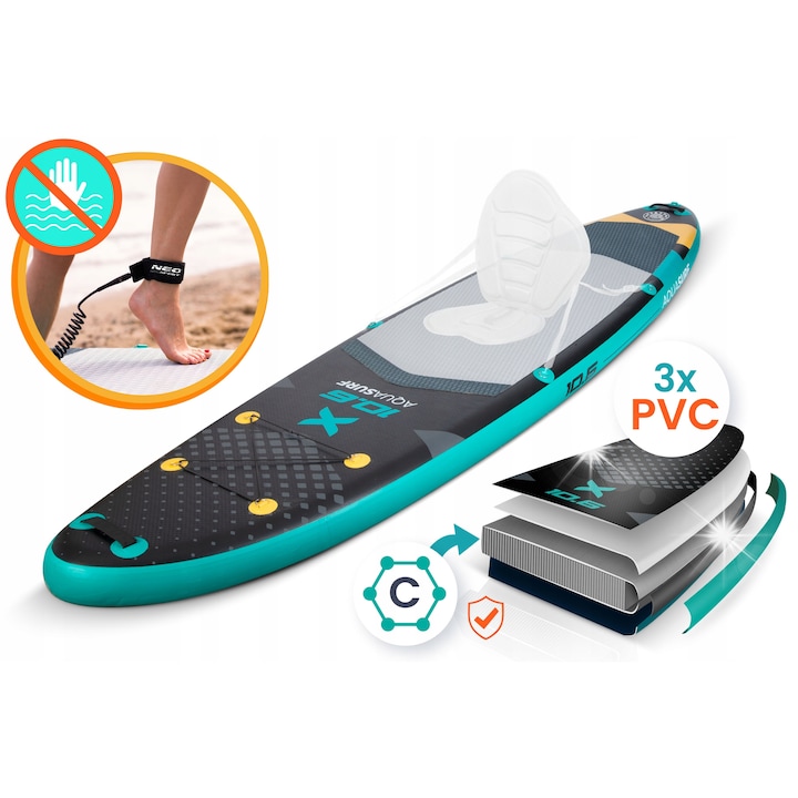 Deska SUP Aquasurf 10'6, set complet cu vasle, pompa, leash si rucsac, 320x15cm, capacitate 150kg, antiderapant