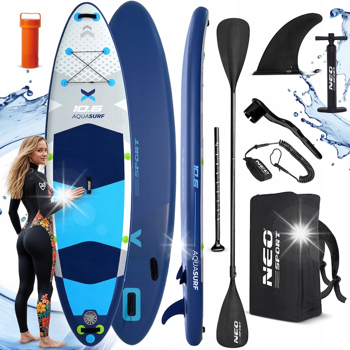 Deska SUP Aquasurf 10'6, set complet cu vasle, pompa, leash si rucsac, 320x15cm, capacitate 150kg, multicolor
