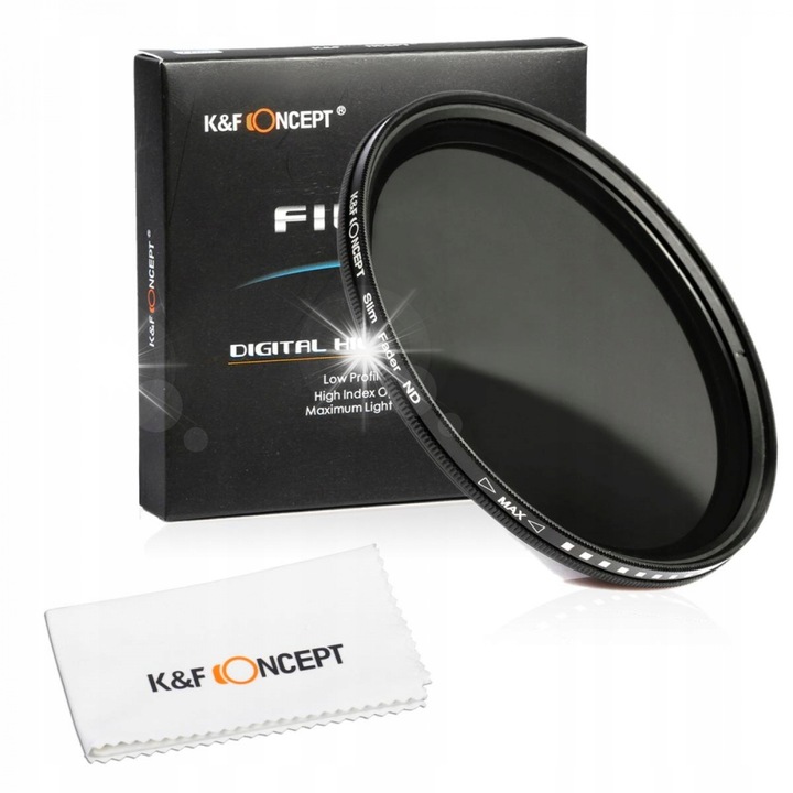 Filtru gri reglabil K&F Concept Basic Fader NDX ND2 - ND400, 49 mm, sticla HD, set cu etui si stergator din microfibra