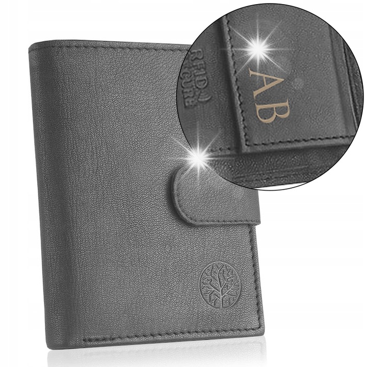 Portofel barbatesc din piele naturala, personalizat cu initiale, gri, 9,5x12,5x2cm