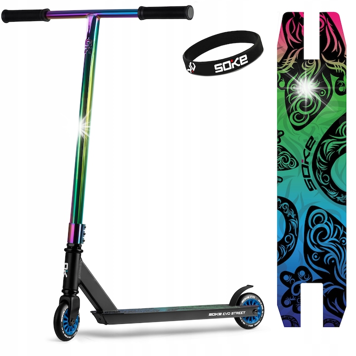 Trotineta SOKE EVO STREET, neagra cu rainbow, 100x24mm, ABEC-9, 3,45kg, set cu autocolante si bratara