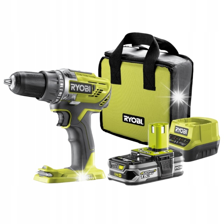 Wiertarko-wkretarka 18V RYOBI ONE+, 1,5Ah, 2 viteze, 50Nm, set cu 1 acumulator