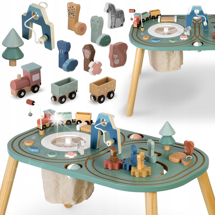 Masa senzoriala din lemn Nukido, interactiva, cu trenulet si diverse forme, 75x45cm, 12m+