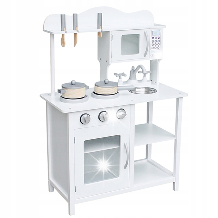 Bucatarie din lemn pentru copii Ricokids, 60x30x85cm, alb, cu accesorii de joaca