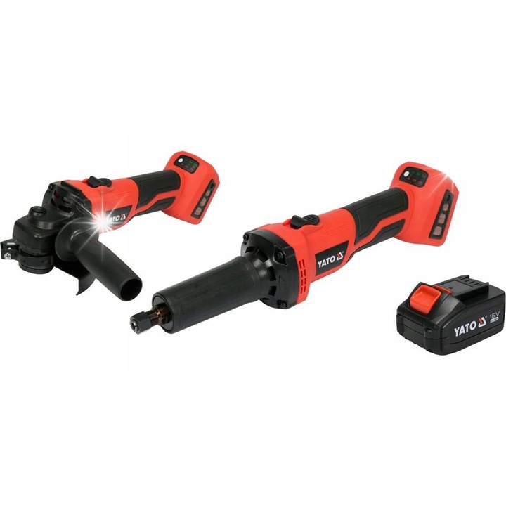 Комплект полиращи машини YATO 18V, 4Ah, с ъглошлайф и прав шлифовъчен инструмент, 8000-26000 об/мин, 3000-8500 об/мин