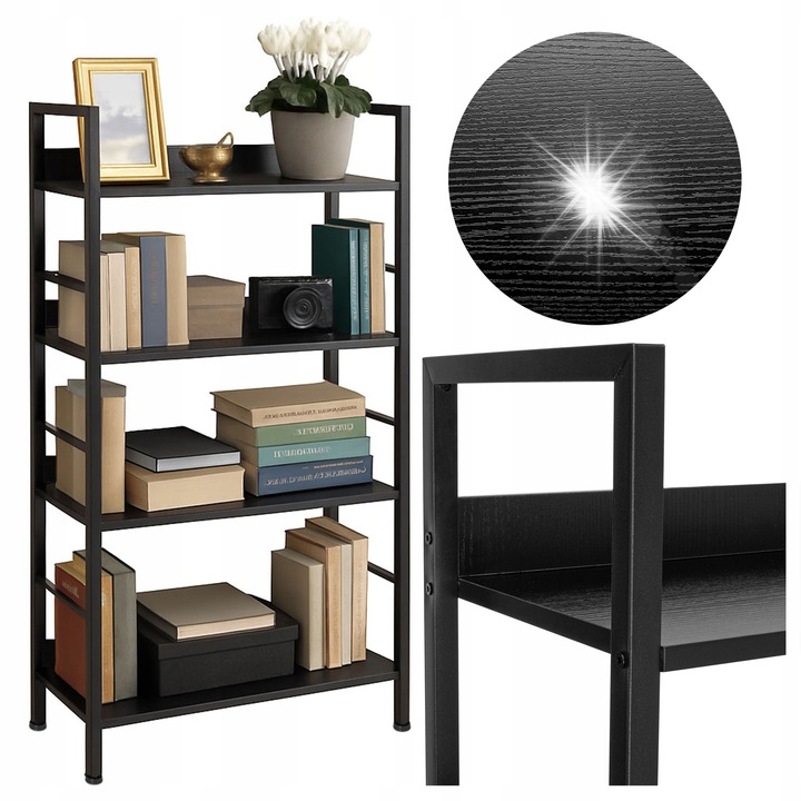 LoftInspired könyvespolc, 4 polcos, fém, fekete, 125x60x28cm