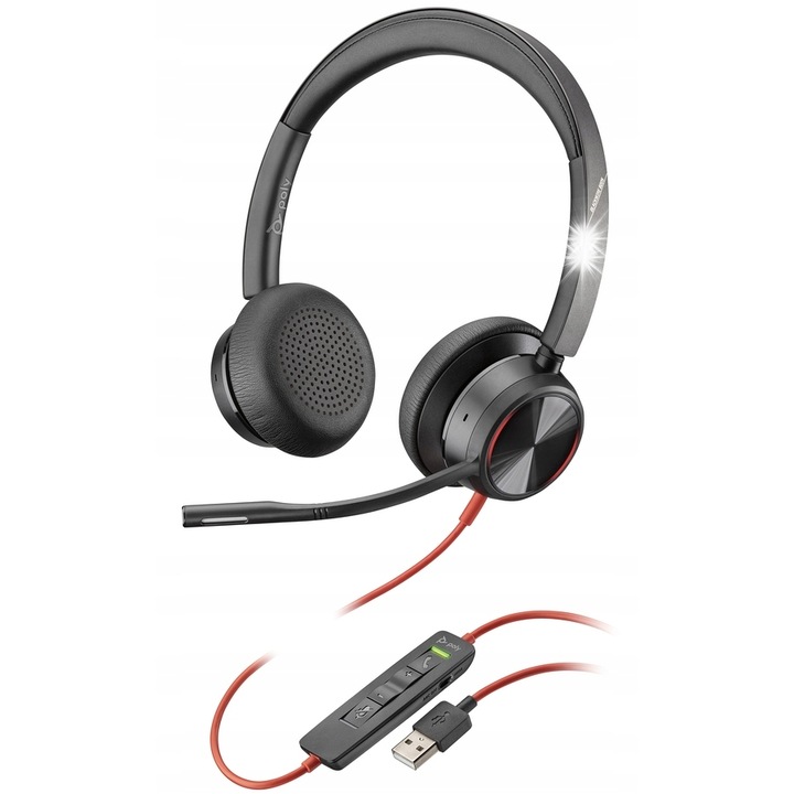 Casti PC Poly 8225 USB-A, reducere zgomot, negru, set cu etui, 15.5x3.2x17.8cm