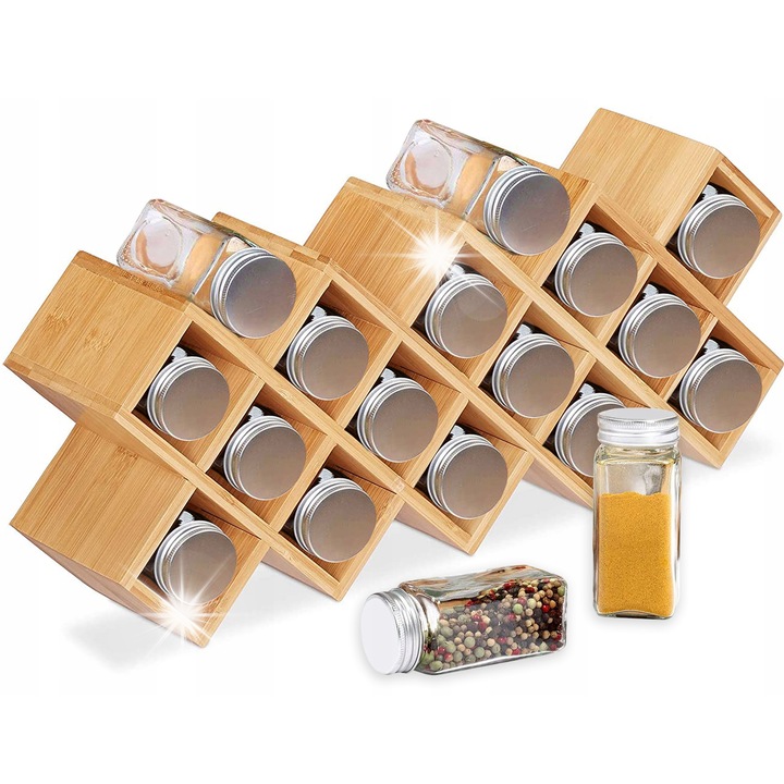 Suport condimente GMM Group, bambus, 18 borcane, design modern, culoare naturala