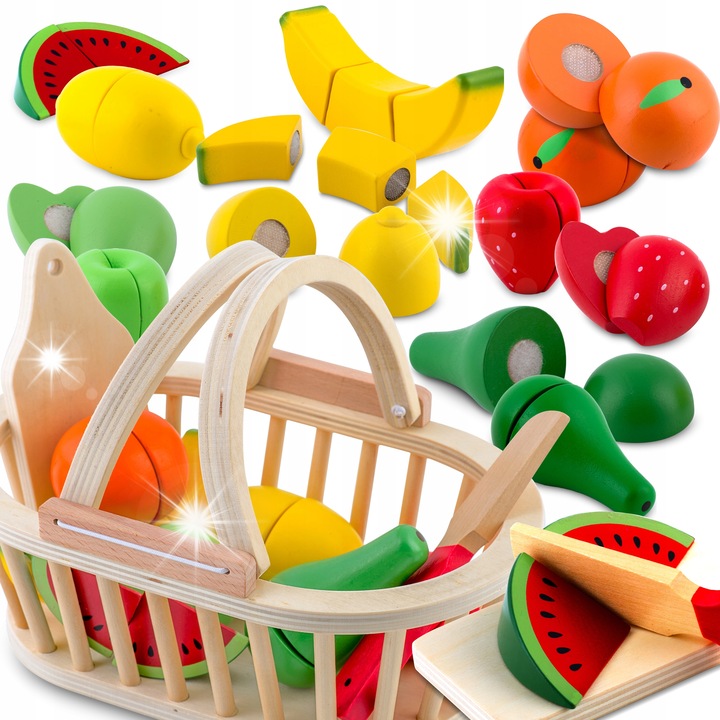 Set jucarie din lemn cu fructe, RicoKids, 9 piese, culori intense, include cutit si tocator