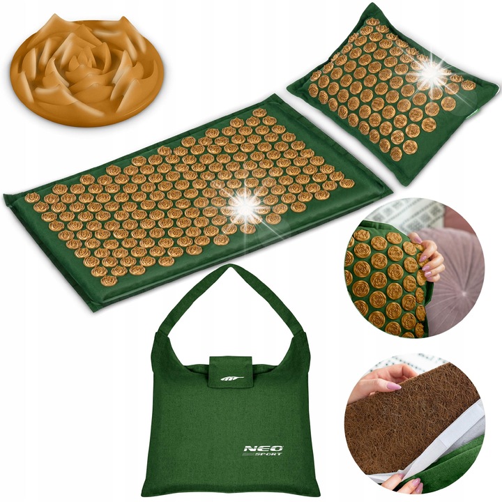 Mata de acupresura cu 181 de colti + pernuta cu 76 de colti + torba, Neo-Sport, 70x44x3cm, 30x44x13cm, multicolor