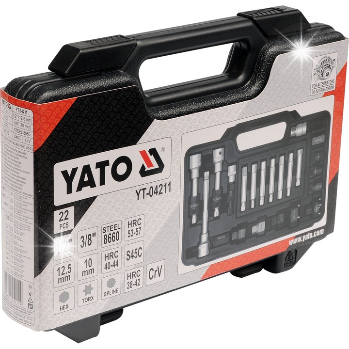 Generátor kulcskészlet, 22 részes, YATO, 1/2" és 3/8", acél, 2.5kg