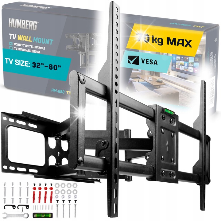 Univerzális TV-tartó, Humberg, 32-80 hüvelyk, 70 kg teherbírás, 6,5-43 cm-ig állítható, 120°-ban forgatható