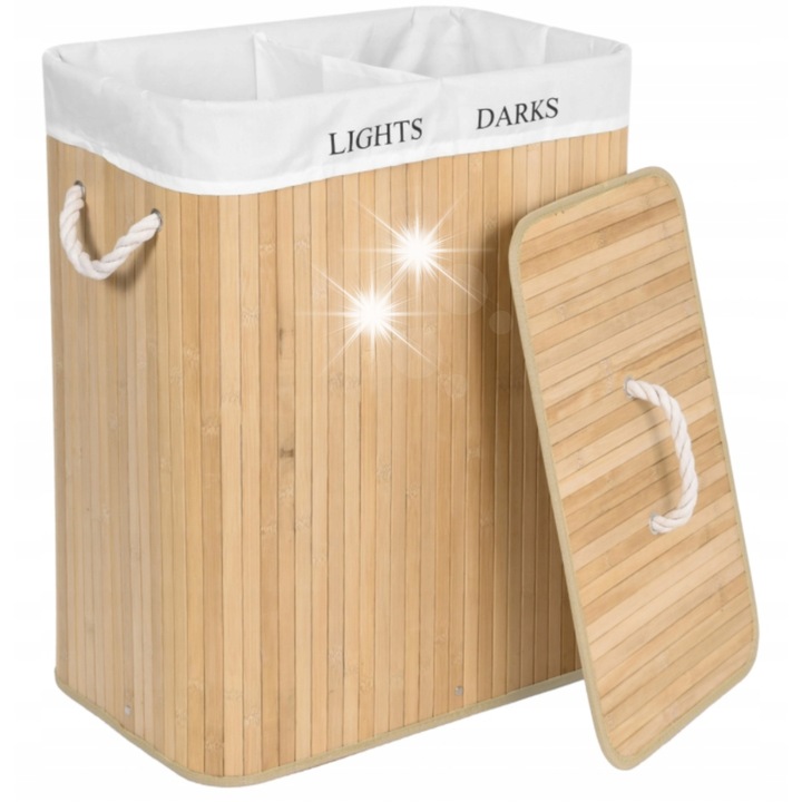 Cos de rufe din bambus Gockowiak, 2 compartimente, 100L, 60x52x32cm