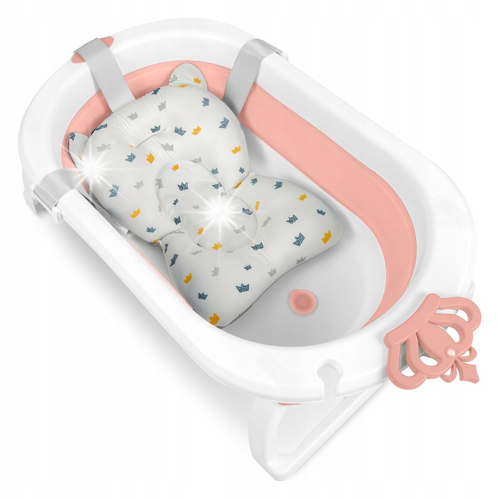 Сгъваема бебешка вана RicoKids, със стойка за новородени, противоплъзгаща, 45л, бяла/розова