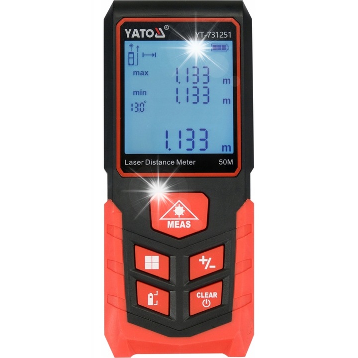 Лазерен далекомер YATO 50м, 3 вида измерване, LCD дисплей, 110x46x25мм
