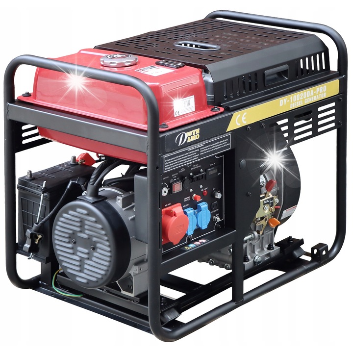Generator electric DY-10020DA-PRO 10 kW, 1 faza, 3 guri, negru si rosu, 795x530x680mm, set cu acumulator 12V/36Ah