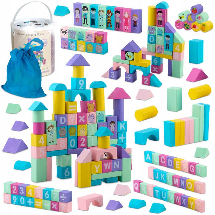 Set de constructie din lemn 100 bucati, RicoKids, educational, multicolor ergonomice