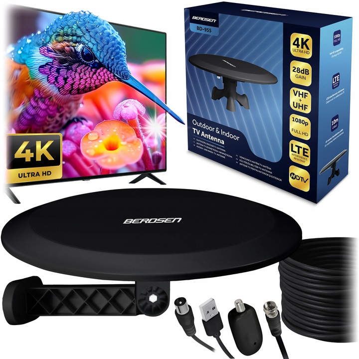 Активна антена за телевизор, Berdsen, 4K, 28dB, 80км, с LTE филтър