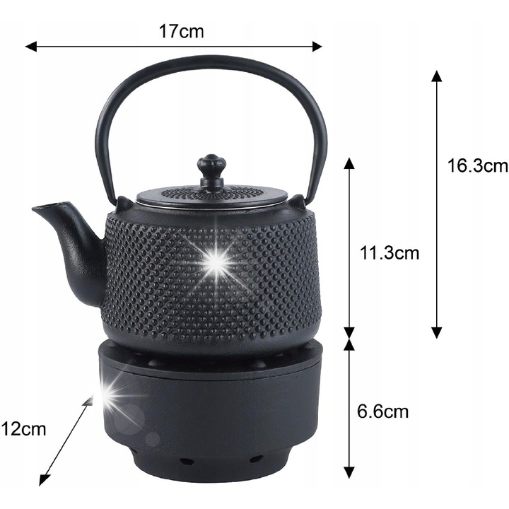 Ceainic din fonta KINGHoff, 0,8L, negru, cu sita din inox si suport de incalzire, 17x12x11,5cm