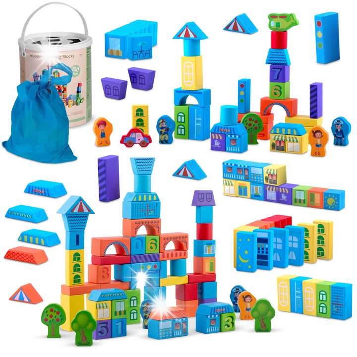 Set de constructie 100 piese RicoKids, klocki din lemn, multicolor, ergonomice