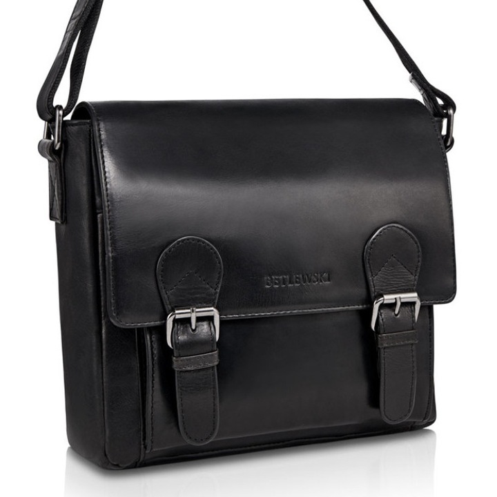 Férfi táska, Betlewski, bőr, elegáns, fekete, vintage