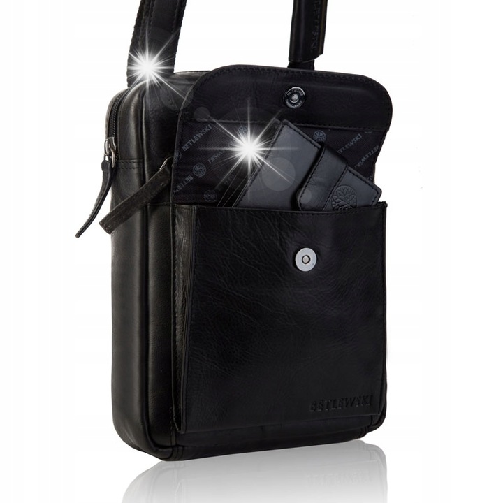 Férfi táska, Betlewski, TBS-306 modell, természetes bőr, fekete, 24x17x7cm