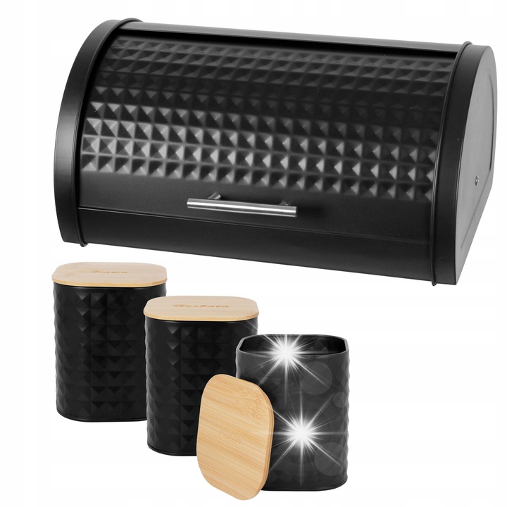 Set Chlebak din Otel si 3 Pojemnice, Brunbeste, Negru, 38x25,5x18,5cm, 14,5x12x12cm