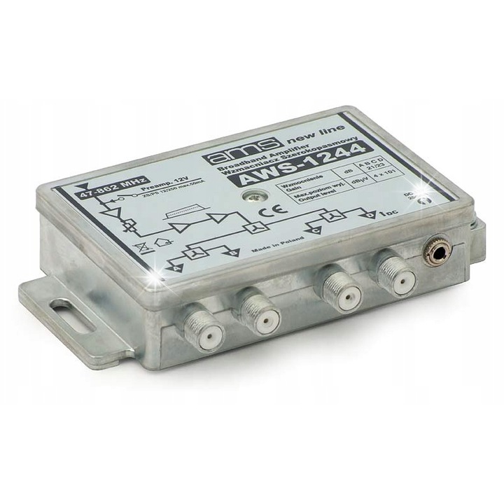 AWS-1244 antennaerősítő, 12V, 250mA, tápegységgel, RTV berendezésekhez