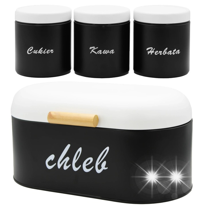 Set cutii alimentare metalice, Brunbeste, chlebak negru cu capac din lemn, 3 recipiente pentru cafea, ceai, zahar, 33,5x20x16,5cm, 10x10x10cm