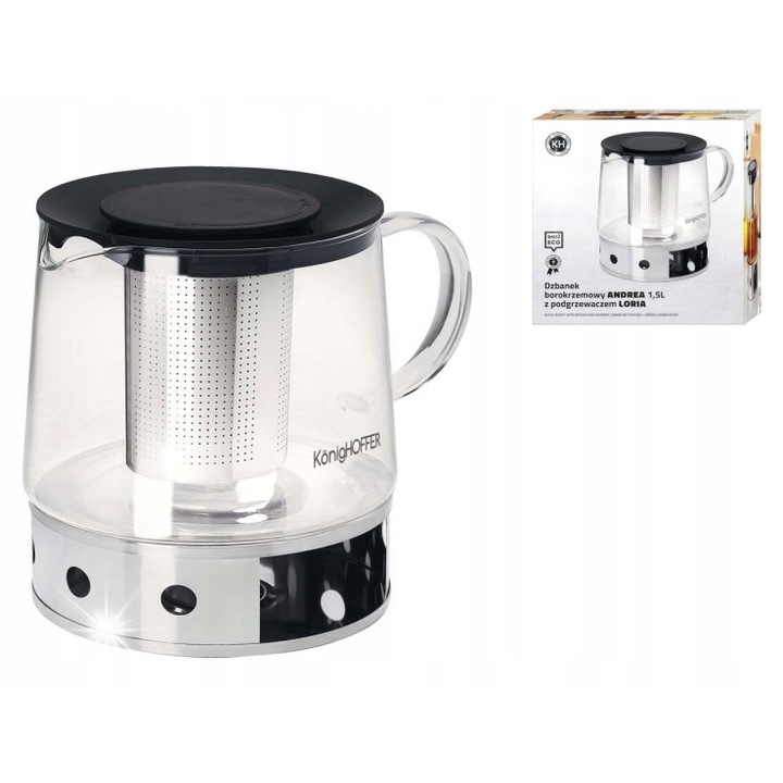 Teáskanna készlet infúziós szűrővel és állvánnyal, Konighoffer Andrea, 1,5L, üveg, rozsdamentes acél, fekete, átlátszó