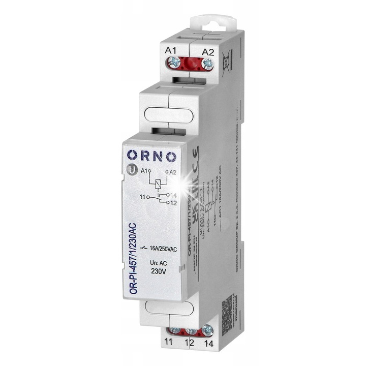 Releu electromagnetic 1P 230VAC 16A Orno, montaj pe sina DIN, dimensiuni 90x17.5x64.6mm