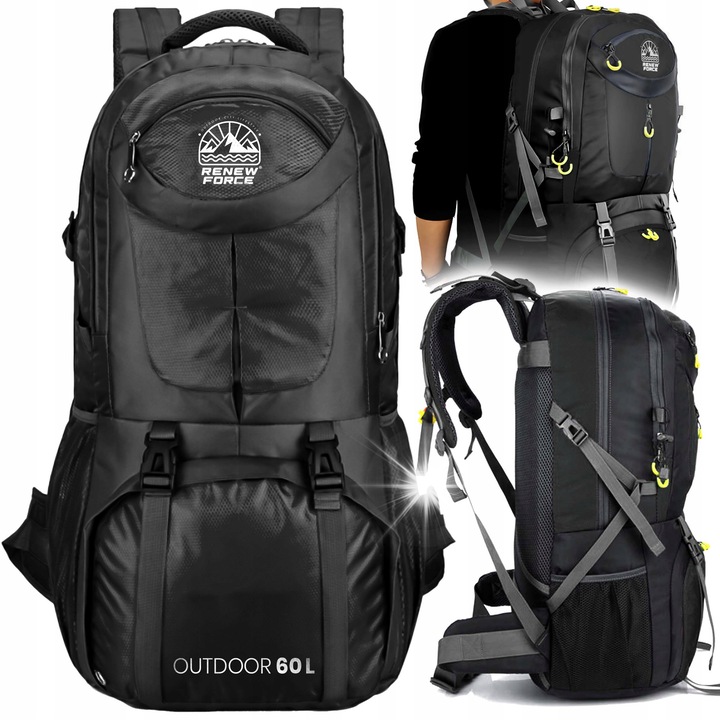 Trekking hátizsák Renew Force 60L, vízálló, 2 rekeszes, fekete, 60cm x 38cm x 20cm