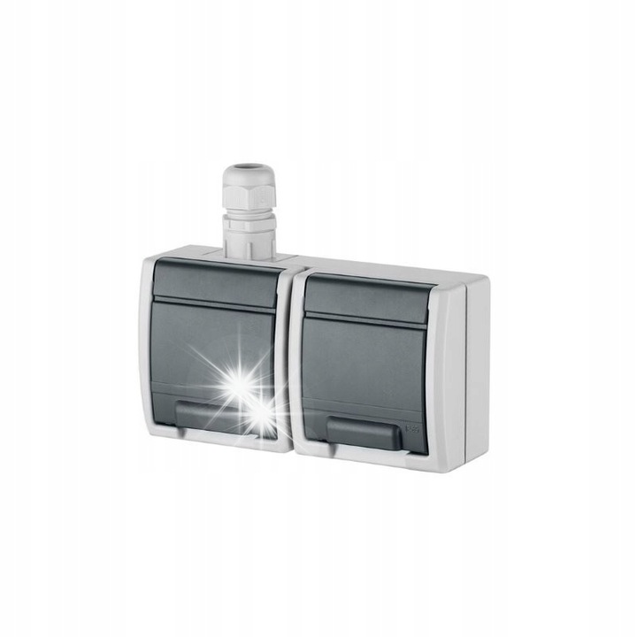 Priza dubla cu impamantare Elektro-Plast, IP55, 2 guri, gri deschis, 153x81x56mm