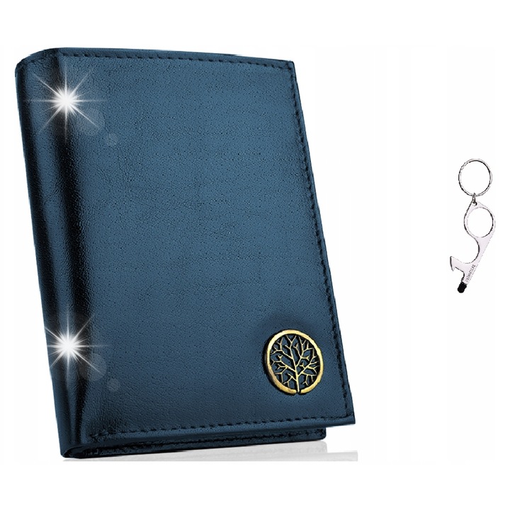 Portofel Barbati Betlewski din Piele Naturala Albastra cu Breloc, 12,3x9,5x2,5cm