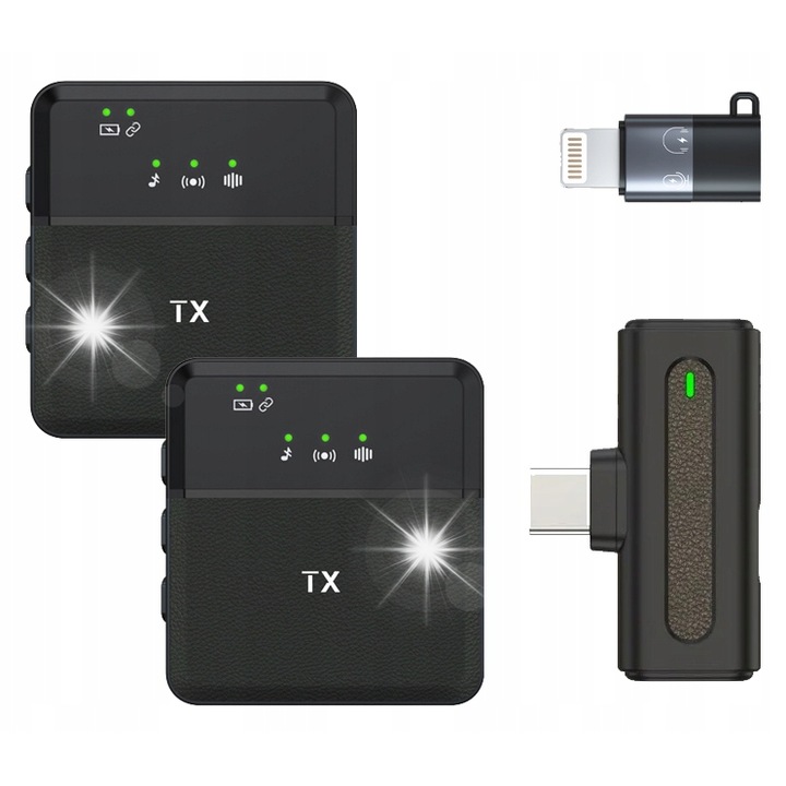 Mikrofon wireless SX8, 2.4GHz, 200mAh, negru, set 2x microfoane cu cablu USB-C