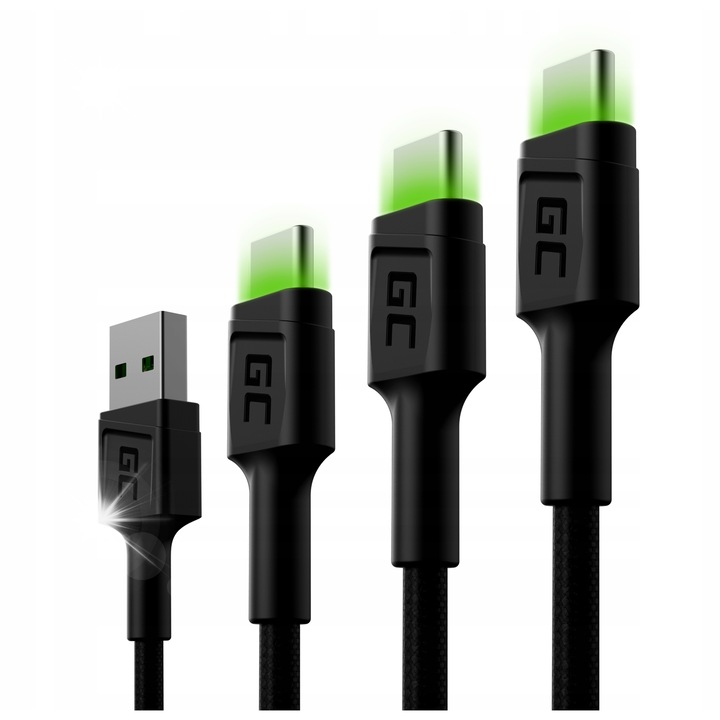 Set cabluri USB-C Green Cell GC Ray 30cm, 120cm, 200cm, negru