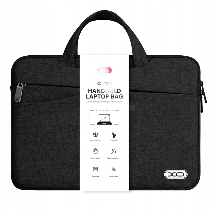 Geanta laptop XO 13", neagra, cu buzunar exterior, material rezistent la stropire
