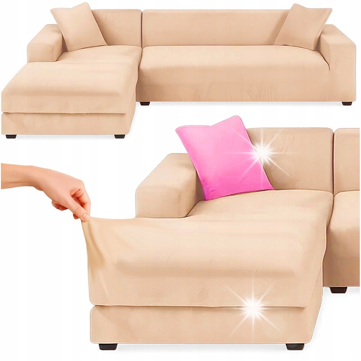 Husa pentru coltar RUHHY, elastica, din velur bej, 145x185 cm