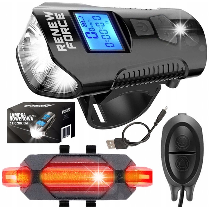 Lampa bicicleta LED szett, Renew Force, számlálóval, USB, piros