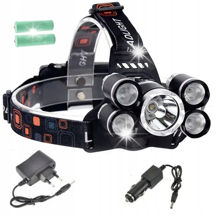 Fejlámpa, 5 LED, vízálló, 17,5x9x9cm, 2 akkumulátorral és töltővel