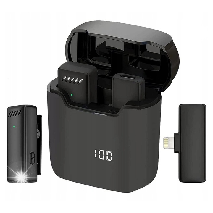 Mikrofon bezprzewodowy krawatowy pentru iPhone Lightning 8-pin cu etui de incarcare