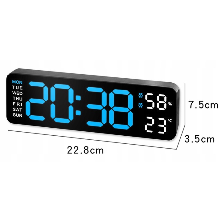 Renew Force LED elektronikus dekoratív óra, kék és fehér, 22,8x7,5x3,5 cm, ébresztő és hőmérő funkcióval