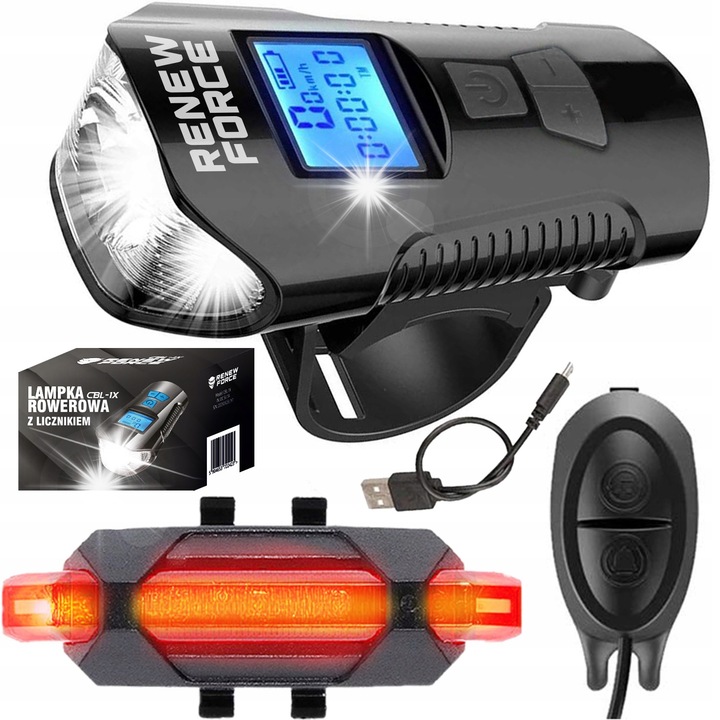 Renew Force kerékpárlámpa szett kijelzővel, 120 dB-es kürt, vízálló, 8 világítási mód, USB