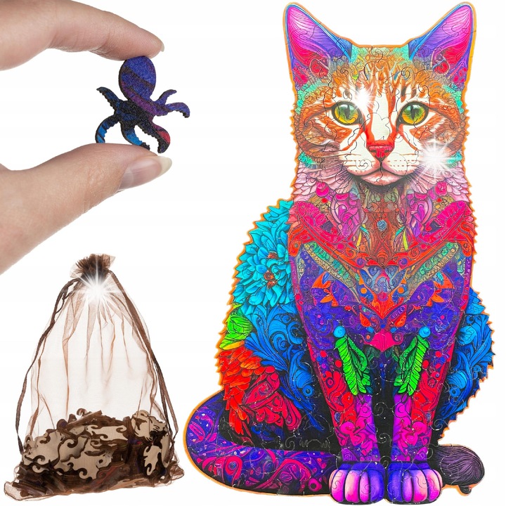 Дървен пъзел Kruzzel, мотив котка, 130 елемента, многоцветен, 38x24см, комплект с торбичка за съхранение