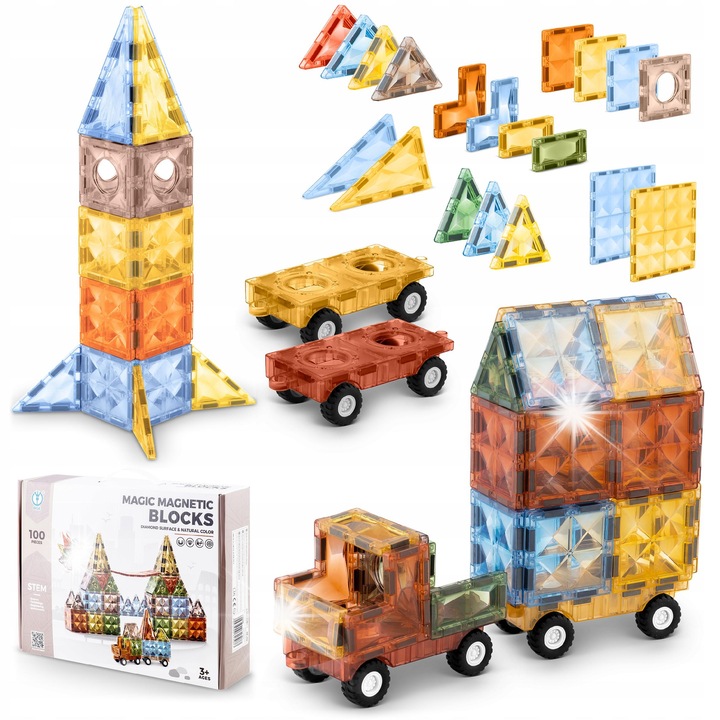 Set de constructie RicoKids, caramizi magnetice, 100 elemente, multicolor, dezvoltare motrica