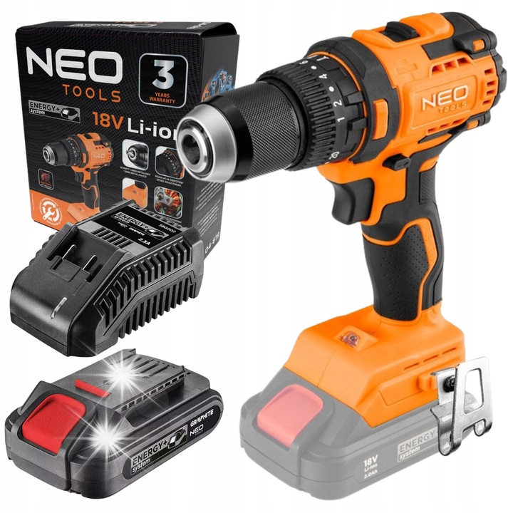 Set Wiertarko-insurubare fara perii 18V, 13mm, 95Nm, compact, cu acumulator 2Ah si incarcator NEO TOOLS
