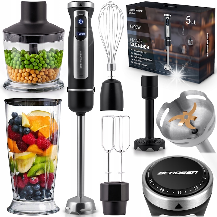 Blender de mână Bonsenkitchen, 1000 W, 2 viteze, negru