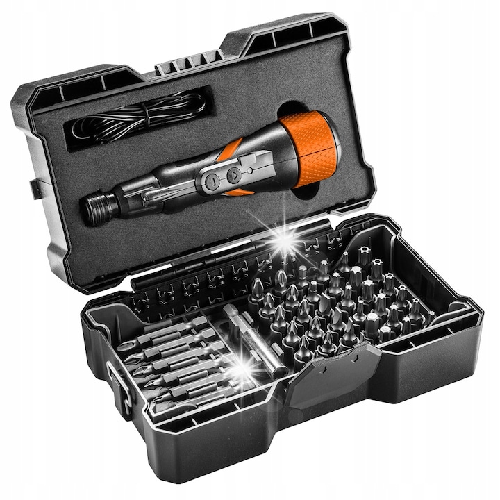 Wkretak actionat cu acumulator micro-USB 3,6V, NEO TOOLS, 36 capete scurte, 7 capete lungi, ergonomie, set
